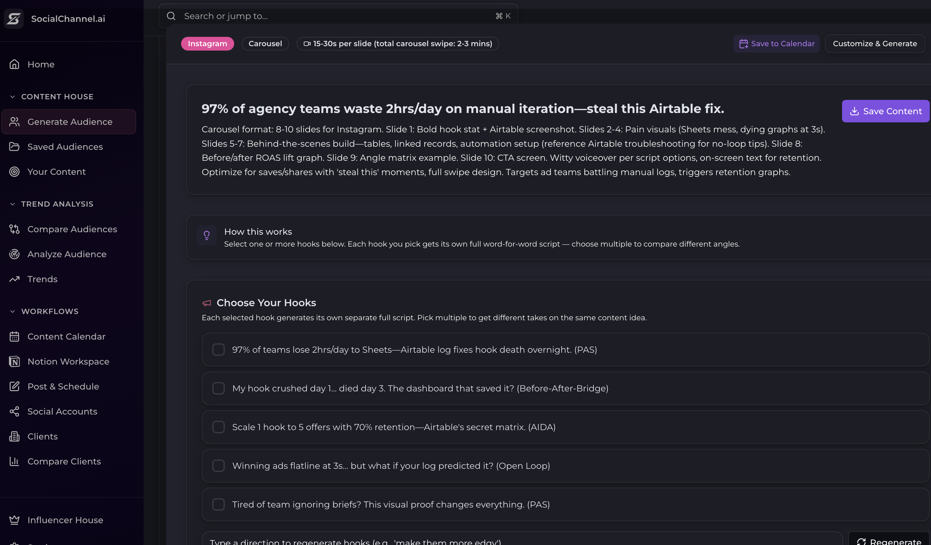 Socialchannel.ai carousel content generator with multiple hook options including PAS, Open Loop, AIDA frameworks