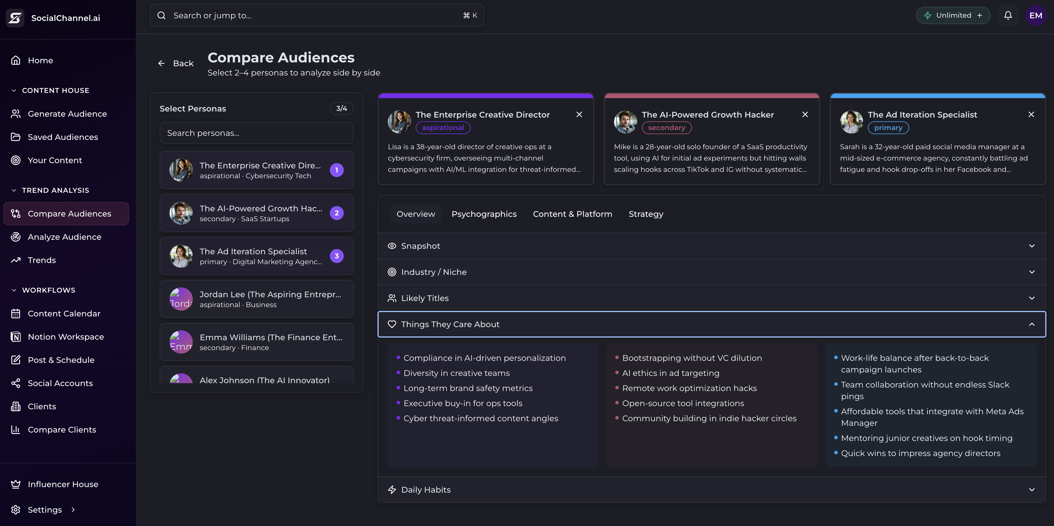 Socialchannel.ai Compare Audiences for managing personas across multiple agency clients