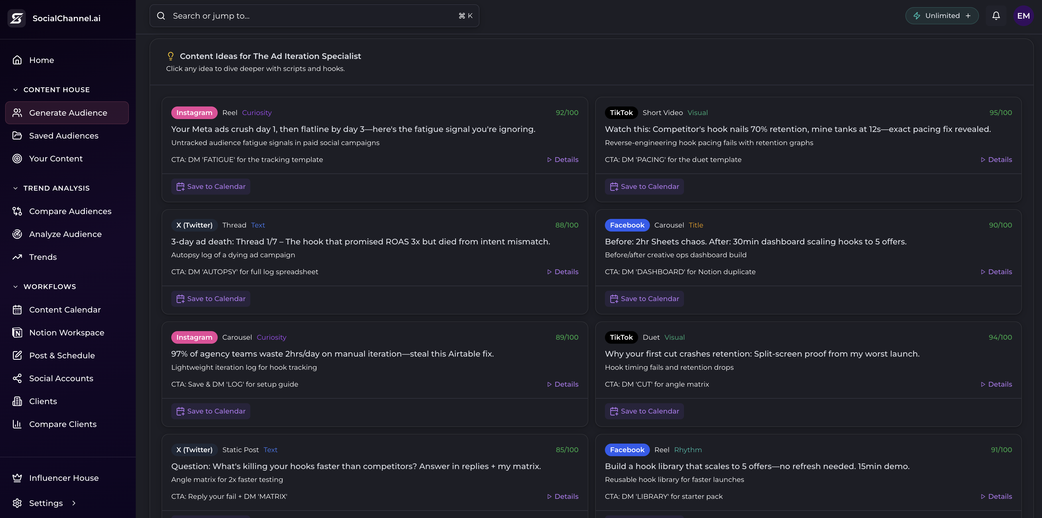 Socialchannel.ai content ideas dashboard with 30+ generated post ideas across platforms with hooks and CTAs