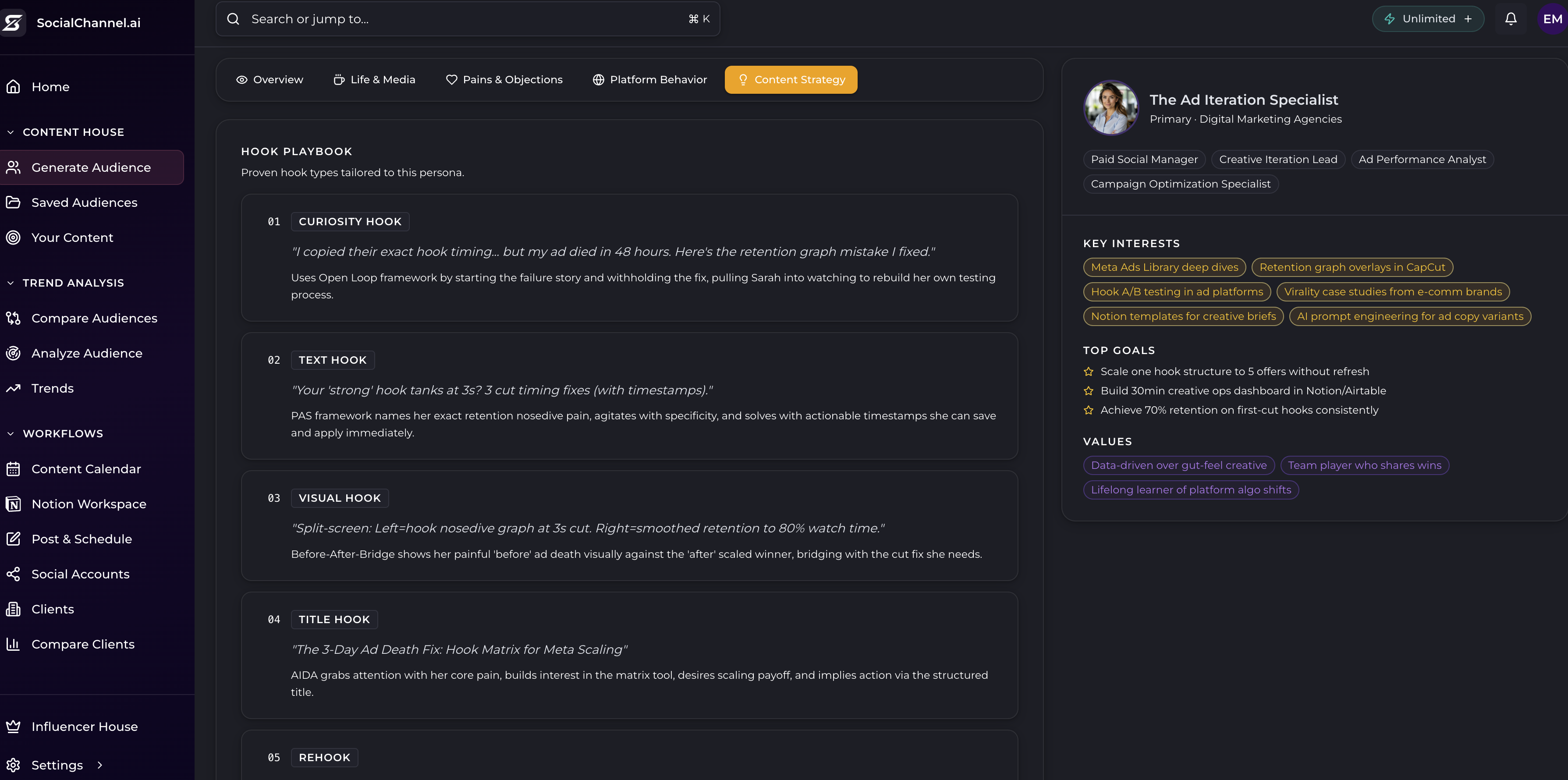 Hook playbook with multiple framework options for cross-platform content repurposing