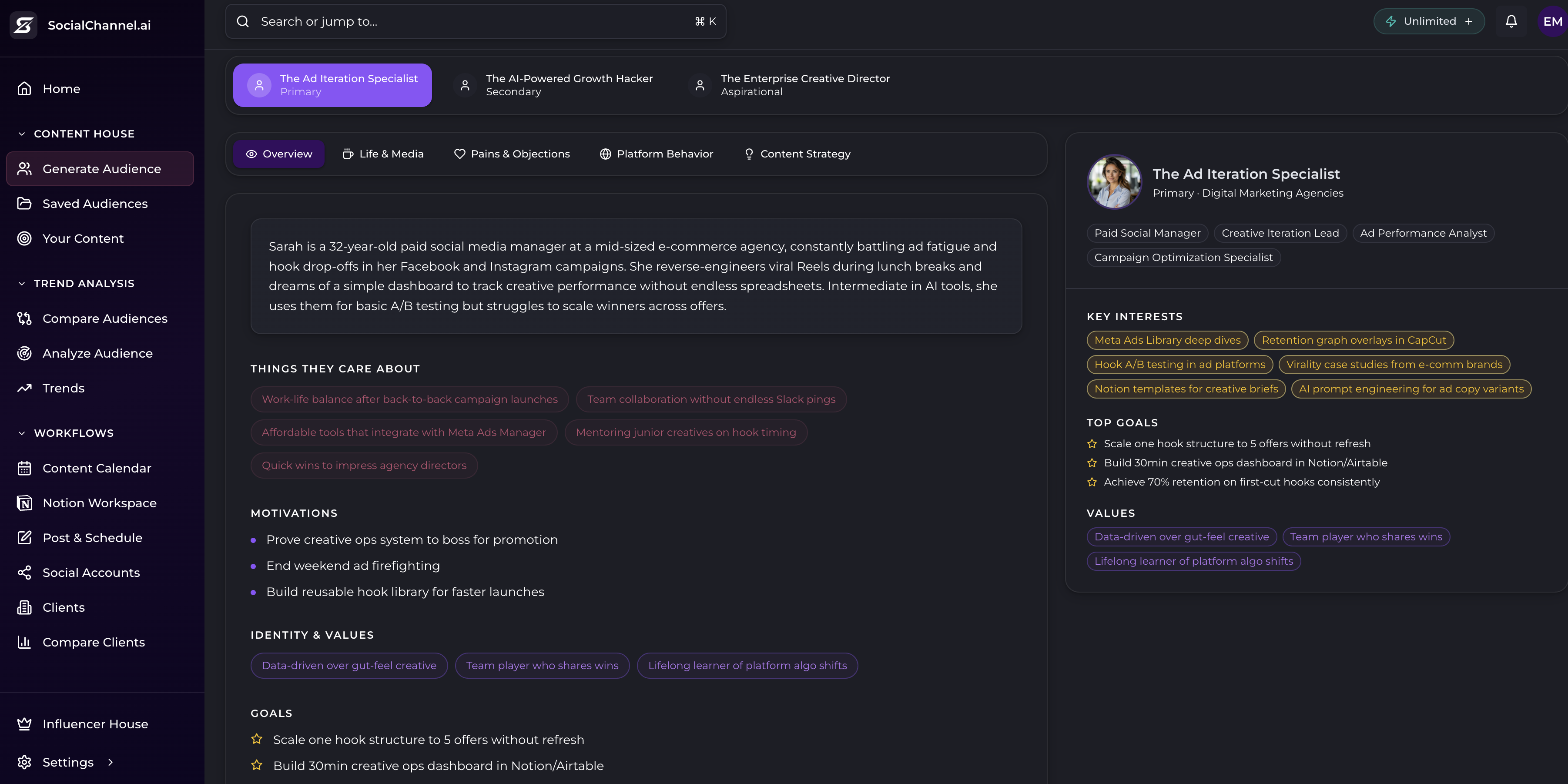 Socialchannel.ai 3-tier audience persona — the new moat in creator tools