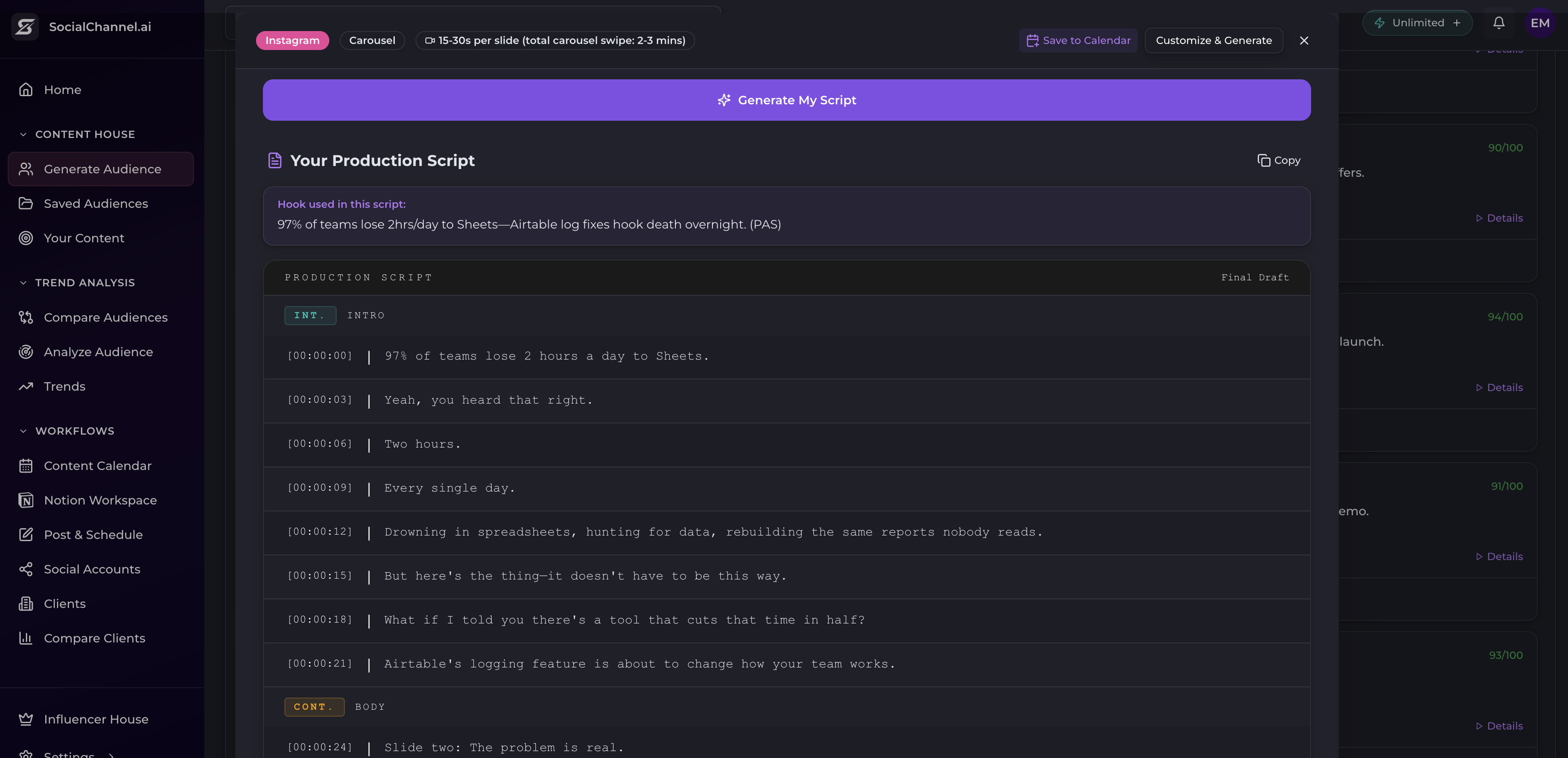 Socialchannel.ai production script with timecoded talking points for TikTok content