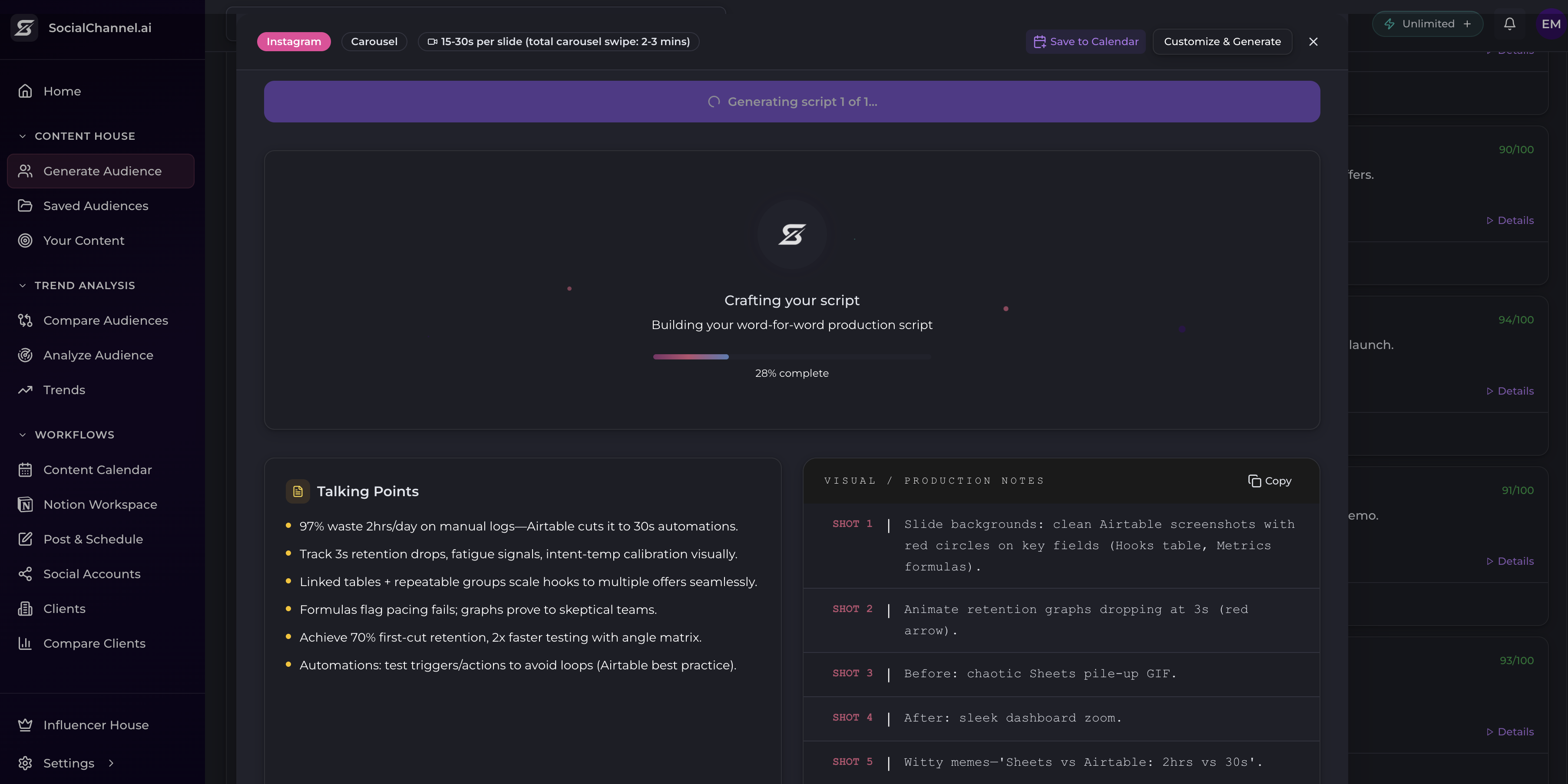 Socialchannel.ai script generation in progress with talking points and production notes