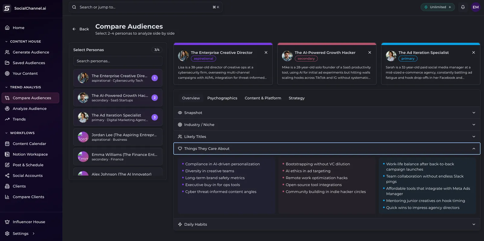 SocialChannel.ai audience comparison view