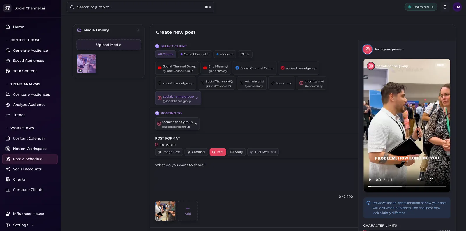 SocialChannel.ai post composer with a live Instagram preview